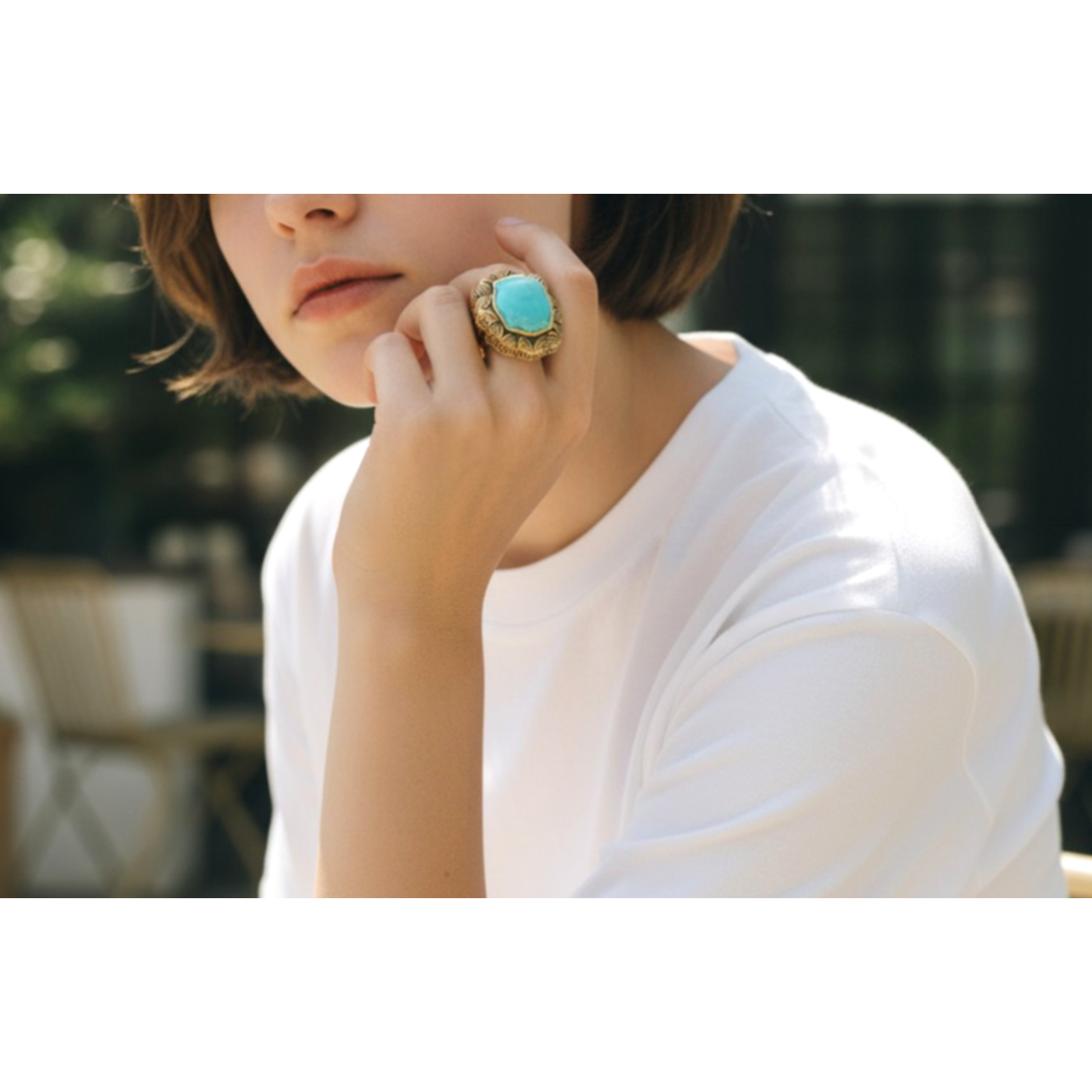 A5 Excellent Barse Thailand Blue Turquoise Brass Flower Statement Ring Size 7.5